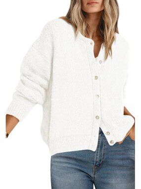 Women's White Polyester Blend Long Sleeve Crewneck Button Down Fall Cardigan
